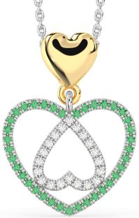 Diamond & Emerald Silver & 10K gold Heart Necklace