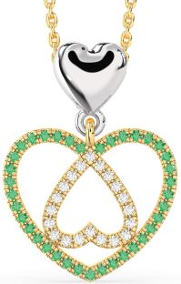 Diamond & Emerald White Yellow Gold Heart Necklace