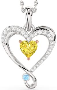 Yellow Diamond & Aquamarine White Rose Gold Heart Necklace
