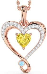 Yellow Diamond & Aquamarine Rose Gold Heart Necklace