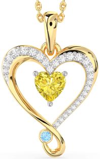 Yellow Diamond & Aquamarine White Yellow Gold Heart Necklace