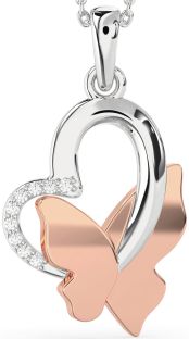 Diamond Silver & 10K Rose Gold Heart Butterfly Necklace