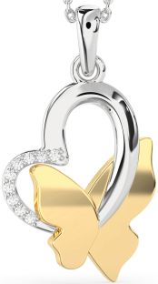 Diamond Silver & 10K gold Heart Butterfly Necklace