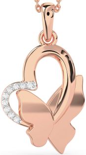 Diamond Rose Gold Silver Heart Butterfly Necklace