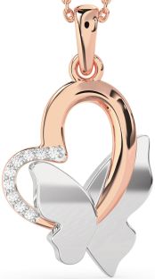 Diamond Rose Gold Silver Heart Butterfly Necklace