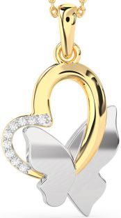 Diamond White Yellow Gold Heart Butterfly Necklace