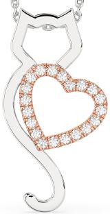 Large Diamond Rose Gold Silver Cat Heart Necklace