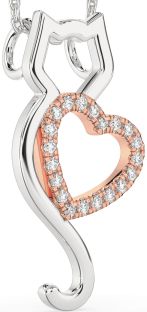 Large Diamond Silver & 10K Rose Gold Cat Heart Necklace