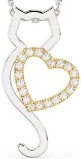 Large Diamond Silver & 10K gold Cat Heart Necklace