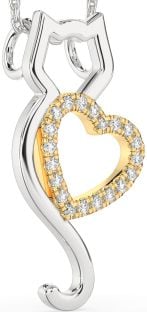 Large Diamond Silver & 10K gold Cat Heart Necklace