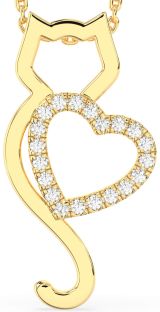 Large Diamond Gold Silver Cat Heart Necklace