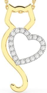 Large Diamond Gold Silver Cat Heart Necklace