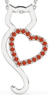 Large Fire Opal Silver Cat Heart Necklace