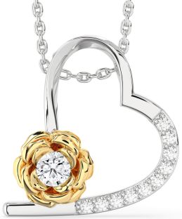 Diamond Silver & 10K gold Heart Flower Necklace