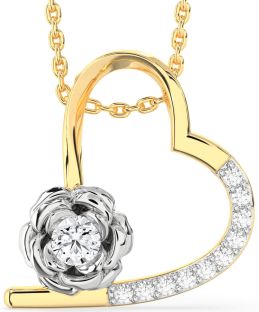 Diamond White Yellow Gold Heart Flower Necklace