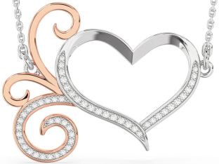 Large Diamond Silver & 10K Rose Gold Heart Necklace