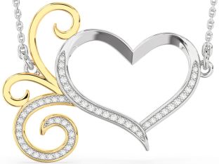 Large Diamond Silver & 10K gold Heart Necklace