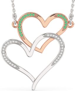 Large Diamond & Emerald Silver & 10K Rose Gold Heart Necklace