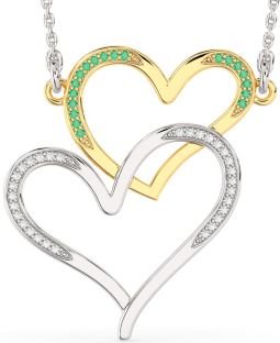 Large Diamond & Emerald Silver & 10K gold Heart Necklace