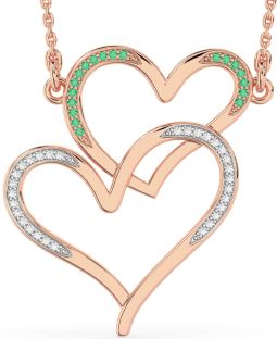 Large Diamond & Emerald Rose Gold Heart Necklace
