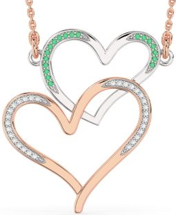 Large Diamond & Emerald Platinum & Rose Gold Heart Necklace