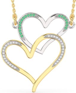 Large Diamond & Emerald Platinum & Yellow Gold Heart Necklace