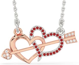 Large Diamond & Ruby Silver & 10K Rose Gold Heart Necklace