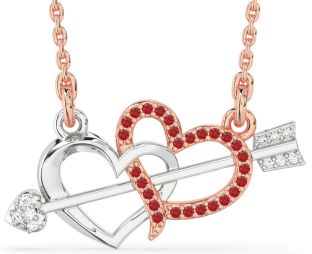 Large Diamond & Ruby White Rose Gold Heart Necklace