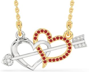 Large Diamond & Ruby White Yellow Gold Heart Necklace