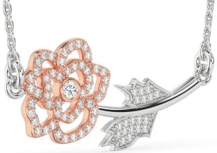 Large Diamond Silver & 10K Rose Gold Flower Necklace