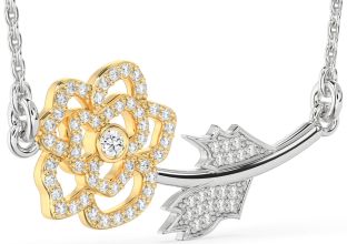 Large Diamond Silver & 10K gold Flower Necklace