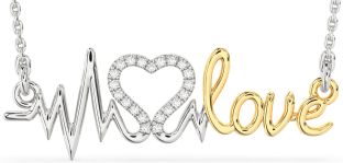 Large Diamond Silver & 10K gold Heart Necklace