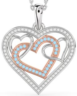 Diamond & Aquamarine White Rose Gold Heart Necklace