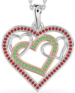 Emerald & Ruby Platinum & Rose Gold Heart Necklace