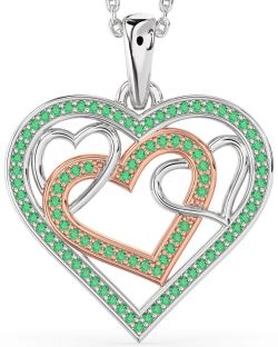 Emerald Platinum & Rose Gold Heart Necklace