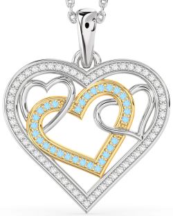 Diamond & Aquamarine Silver & 10K gold Heart Necklace