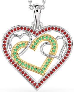 Emerald & Ruby Platinum & Yellow Gold Heart Necklace