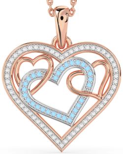 Diamond & Aquamarine Rose Gold Silver Heart Necklace