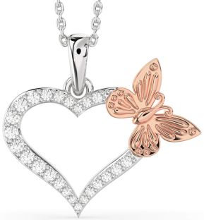 Large Diamond Silver & 10K Rose Gold Heart Butterfly Necklace