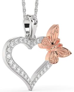 Large Diamond Silver & 10K Rose Gold Heart Butterfly Necklace
