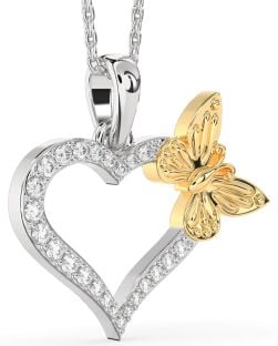 Large Diamond Silver & 10K gold Heart Butterfly Necklace