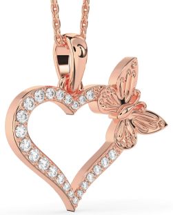 Large Diamond Rose Gold Heart Butterfly Necklace