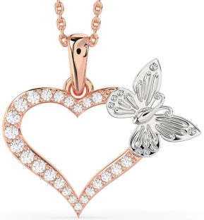 Large Diamond Rose Gold Silver Heart Butterfly Necklace