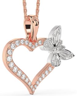 Large Diamond White Rose Gold Heart Butterfly Necklace