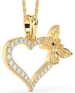 Large Diamond Gold Heart Butterfly Necklace