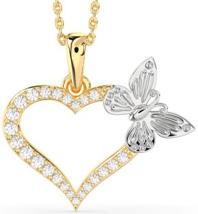 Large Diamond White Yellow Gold Heart Butterfly Necklace