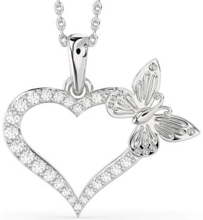 Large Diamond Silver Heart Butterfly Necklace