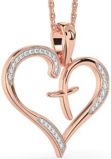 Large Diamond Rose Gold Heart Cross Necklace