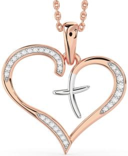Large Diamond Platinum & Rose Gold Heart Cross Necklace