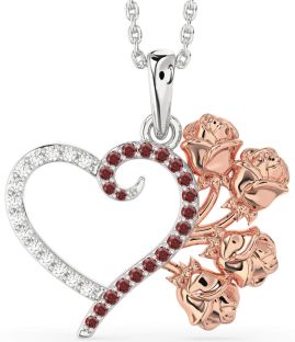 Large Diamond & Garnet Platinum & Rose Gold Heart Flower Necklace